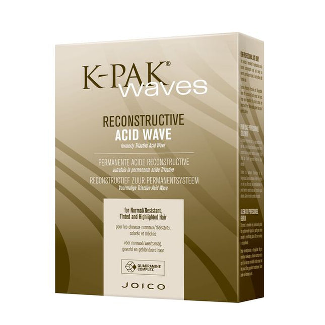 K-PAK Waves Reconstructive Acid Wave&nbsp;for normal/resistant, tinted and highlighted hair (up to 40% highlights.) Discover the ultimate in healthy, shiny, frizz-free curls with Joico K-PAK&nbsp;Waves. The only texture system featuring the exclusive patented Quadramine Complex.