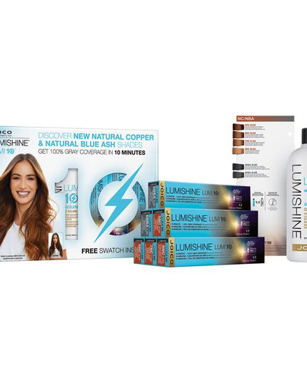 6 pre-blended permanent shades, complete gray coverage, healthy looking LumiShine results, and a 10-minute processing time - LUMI10 has it all covered. And with new NC and NBA series, you can now nail those precious natural copper hues, and neutralize unwanted brassiness for cooler than cool brunettes, in half the time of a traditional permanent color service. Long lasting color with 100% gray coverage in 10 minutes.