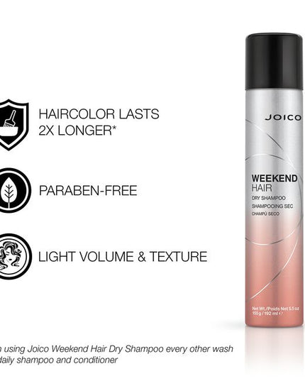 Trade an hour-long full-shampoo-and-style session for a refreshing routine that literally lifts hair up in seconds with Joico Weekend Hair Dry Shampoo. Take a welcome break from time-consuming wet-washes and blowouts without sacrificing an ounce of style. Weekend Hair Dry Shampoo not only extends your ?do for days but doubles the longevity of haircolor* to keep the big fade away. With oil-absorbing ingredients and volume boosters that deliver a gorgeous just-washed fullness, this timesaving spray gives you 