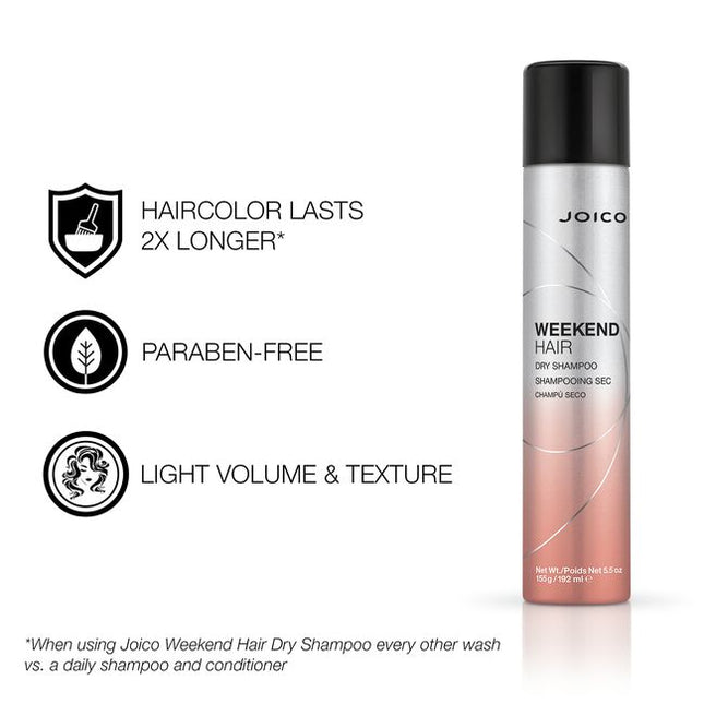 Trade an hour-long full-shampoo-and-style session for a refreshing routine that literally lifts hair up in seconds with Joico Weekend Hair Dry Shampoo. Take a welcome break from time-consuming wet-washes and blowouts without sacrificing an ounce of style. Weekend Hair Dry Shampoo not only extends your ?do for days but doubles the longevity of haircolor* to keep the big fade away. With oil-absorbing ingredients and volume boosters that deliver a gorgeous just-washed fullness, this timesaving spray gives you 
