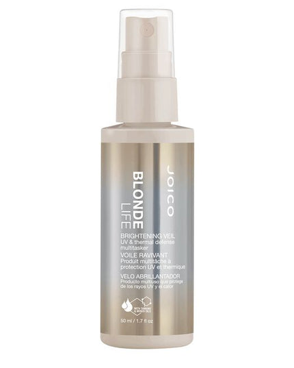The Joico Blonde Life Brightening Veil shields color from UV damage and fading; protects against thermal styling; adds shine; detangles and controls frizz.