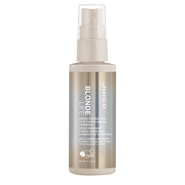 The Joico Blonde Life Brightening Veil shields color from UV damage and fading; protects against thermal styling; adds shine; detangles and controls frizz.