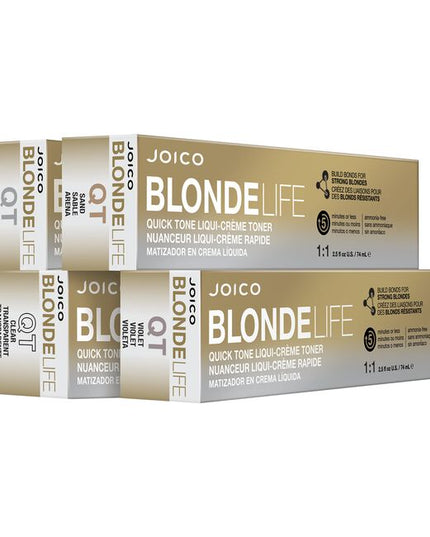 5 minutes or less! That's all it takes to get fast and fabulous blonde hair with Quick Tone Liqui-Creme Toners - a swift, powerful way to make your mark on prelightened looks. Featuring anti-breakage technology and nourishing exotic oils for maximum shine, this Blonde Life collection of Sand, Silver, Violet, and Clear lets you trend-set gorgeous blonde creations faster than ever before. Go for solo shades or intermix; this gleam team makes brass a thing of the past.