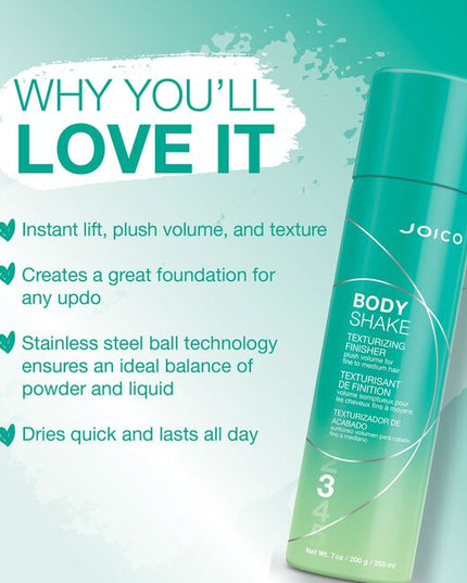 Get the body you've always wanted with the plush, airy, bombshell volume of Body Shake the buildable spray that's never stiff or sticky. Delivering a bouncy, plush finish, and the freedom to touch and retouch, you'll have fullness, fluidity, and pollution protection* in one unique finisher.