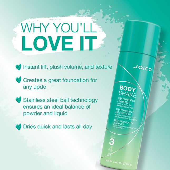Get the body you've always wanted with the plush, airy, bombshell volume of Body Shake the buildable spray that's never stiff or sticky. Delivering a bouncy, plush finish, and the freedom to touch and retouch, you'll have fullness, fluidity, and pollution protection* in one unique finisher.