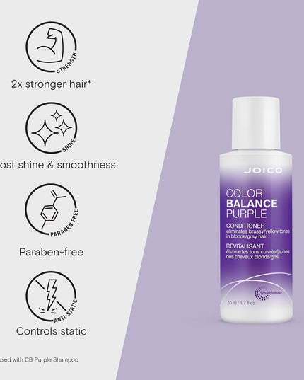 Joico Color Balance Purple Conditioner protects hair while neutralizing yellow & warm tones in blonde hair. With long lasting results for up to 12 washes, this paraben-free shampoo boosts shine & smoothness while making hair over 2X stronger.