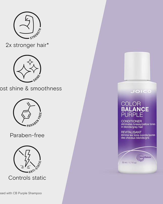 Joico Color Balance Purple Conditioner protects hair while neutralizing yellow & warm tones in blonde hair. With long lasting results for up to 12 washes, this paraben-free shampoo boosts shine & smoothness while making hair over 2X stronger.