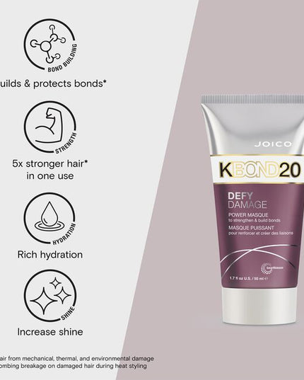 Meet KBOND20, power masque from Defy Damage Joico’s brand-new, bond-building treatment that doubles down on technology for 5X stronger* hair. KBOND20 represents a combination of 18 amino acids found naturally in hair, plus, moringa seed oil, and our protective lipid for improved surface feel. This strength-building masque delivers transformative results in a single treatment.