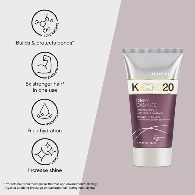 Meet KBOND20, power masque from Defy Damage Joico’s brand-new, bond-building treatment that doubles down on technology for 5X stronger* hair. KBOND20 represents a combination of 18 amino acids found naturally in hair, plus, moringa seed oil, and our protective lipid for improved surface feel. This strength-building masque delivers transformative results in a single treatment.