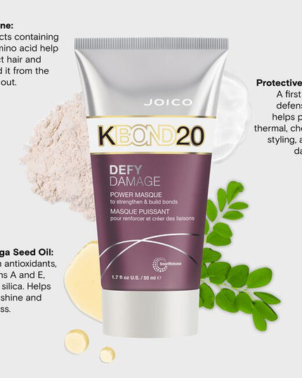 Meet KBOND20, power masque from Defy Damage Joico’s brand-new, bond-building treatment that doubles down on technology for 5X stronger* hair. KBOND20 represents a combination of 18 amino acids found naturally in hair, plus, moringa seed oil, and our protective lipid for improved surface feel. This strength-building masque delivers transformative results in a single treatment.
