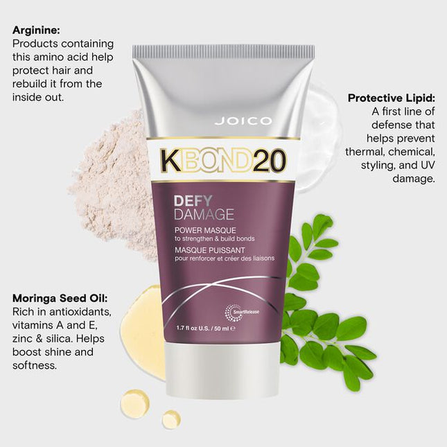 Meet KBOND20, power masque from Defy Damage Joico’s brand-new, bond-building treatment that doubles down on technology for 5X stronger* hair. KBOND20 represents a combination of 18 amino acids found naturally in hair, plus, moringa seed oil, and our protective lipid for improved surface feel. This strength-building masque delivers transformative results in a single treatment.
