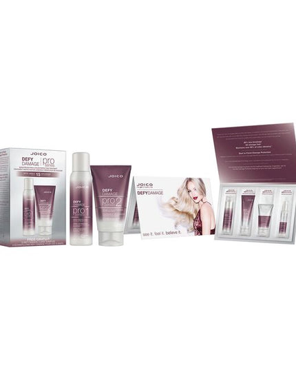 Defy Damage Stylist Pro Kit - 15 applications. Protect all hair types from the ravaging effects of daily heat styling, UV exposure, and environmental pollution that lead to dry, dull, lackluster locks with Joico's NEW Defy Damage haircare system. From salon to home and beyond, this damage-defying breakthrough helps protect and strengthen hair bonds for a healthy hair transformation you can instantly see and feel.