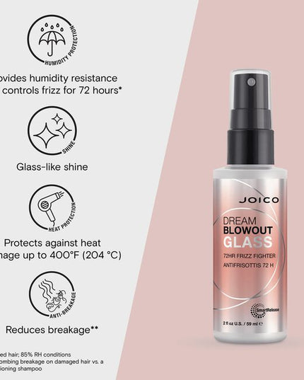 Get the one-two punch of frizz control and glass-like shine with NEW Dream Blowout Glass™. Our powerhouse formula with heat-activated technology seal frizz-prone strands—locking in smooth styles for 3 days,* even in humid weather.