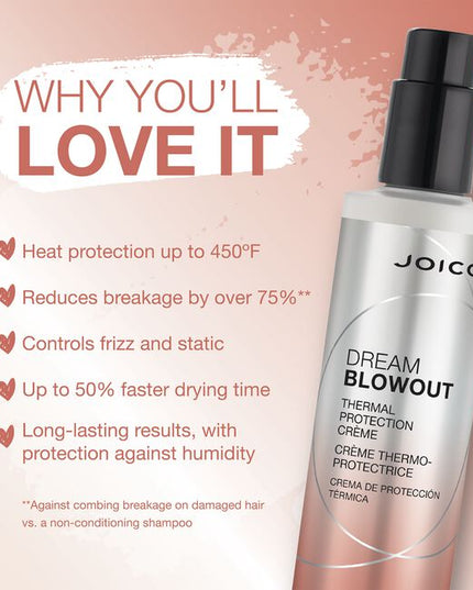 Moisturizing exotic oils and protective technology change blow-drying as you know it.
Get the blowout of your dreams with NEW Joico Dream Blowout?our one-and-done blow-drying solution that saves major time, shields hair from thermal damage, protects your ?do against humidity, and fights frizz. Watch your hair become luxuriously soft and smooth and beam with dreamy shine.