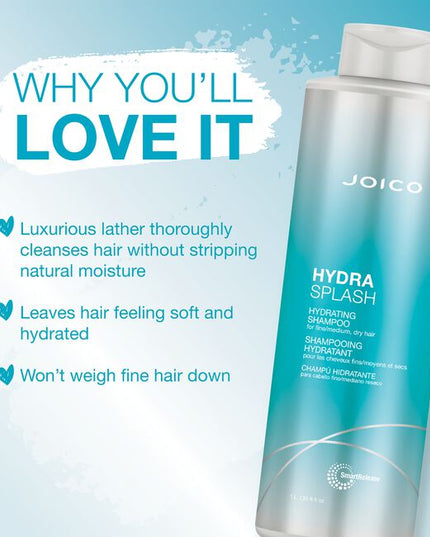 HydraSplash Hydrating Shampoo never gets heavy on your fine hair! Formulated with marine ingredients like Sea Kelp and Coconut Water, the lightweight lather gently cleanses hair for brilliantly-clean, soft, healthy results.