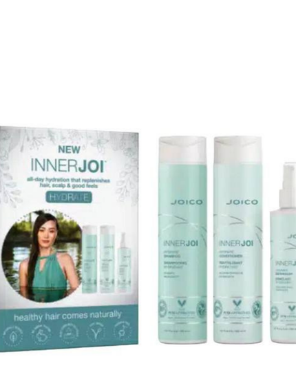 The Joico InnerJoi Hydrate Trio Pack is a comprehensive hair care solution designed to nourish and hydrate your hair.