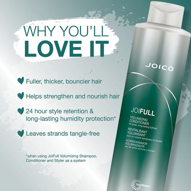 Creating full, airy, luxurious volume, JoiFULL Volumizing Conditioner’s lightweight formula detangles and amps up fine strands for instant “wow” body, humidity protection, mega shine, and stronger strands every time you use it.