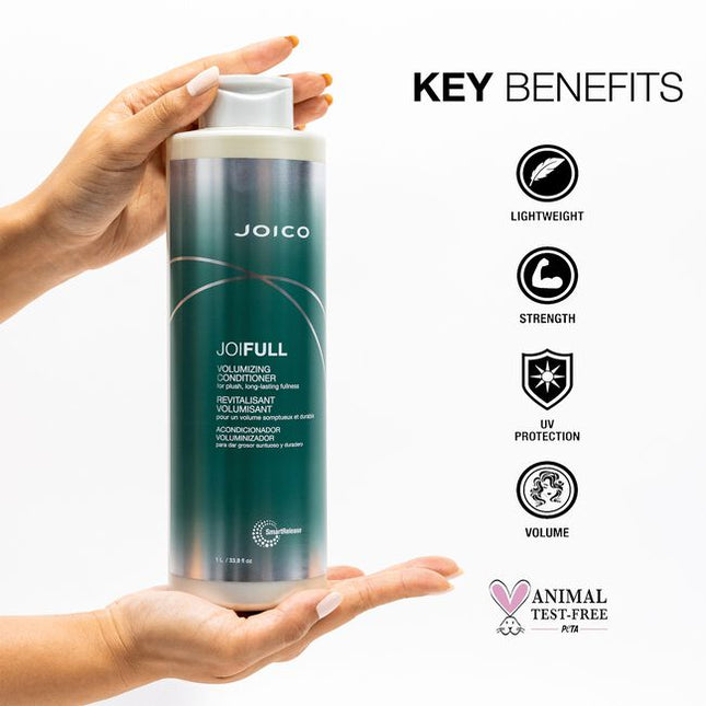 Creating full, airy, luxurious volume, JoiFULL Volumizing Conditioner’s lightweight formula detangles and amps up fine strands for instant “wow” body, humidity protection, mega shine, and stronger strands every time you use it.