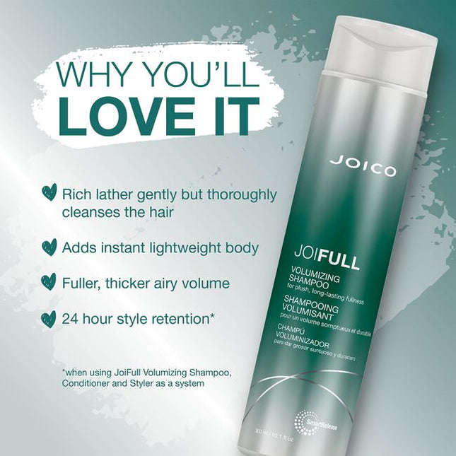 Offering a 24-hour volume boost and luxe lather, JoiFULL Volumizing Shampoo rinses away the oil and dirt that weigh down fine strands, delivering body, mega fullness, and shine, along protection from humidity.
