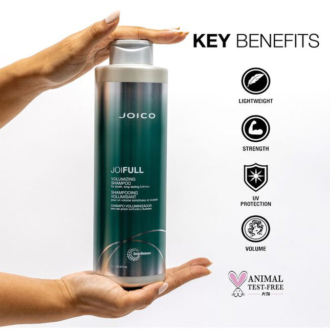 Offering a 24-hour volume boost and luxe lather, JoiFULL Volumizing Shampoo rinses away the oil and dirt that weigh down fine strands, delivering body, mega fullness, and shine, along protection from humidity.