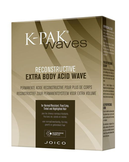 Discover the ultimate in healthy, shiny, frizz-free curls with Joico K-PAK Reconstructive Extra Body Acid Waves, the only texture system featuring the exclusive Quadramine Complex. Extra Body Acid Waves are available for normal/resistant, fine/limp, tinted and highlighted hair (up to 40% highlights).