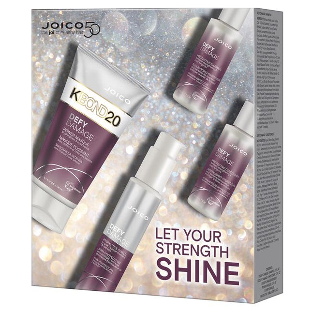 Let Your Strength Shine Defy Damage Holiday Kit Includes:

(1) - Defy Damage Shampoo, 1.7 fl. oz.
(1) - Defy Damage Conditioner, 1.7 fl. oz.
(1) - Defy Damage KBOND20 Power Masque, 5.1 fl. oz.
(1) - Defy Damage Protective Shield, 3.38 fl. oz.
