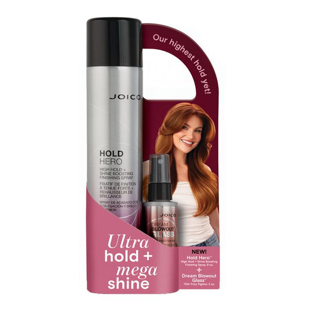 Joico's highest hold yet, NEW! Hold Hero™ High Hold + Shine Boosting Finishing Spray, plus Dream Blowout Glass™ 72Hr Frizz Fighter to elevate your style.