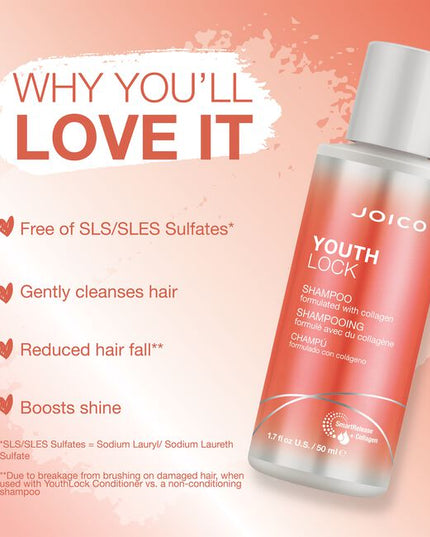 Infusing ageless body, shine, manageability, and bounce, YouthLock Shampoo revitalizes hair with the power of collagen and Buriti fruit oil – a nourishing, one-two punch that recaptures the joi-ful feel and look of lush, lively, timeless hair. Gentle enough to use daily, this sulfate-free cleanser purifies hair of dirt and grime, while delivering reduced hair fall and big-time shine for the ages.