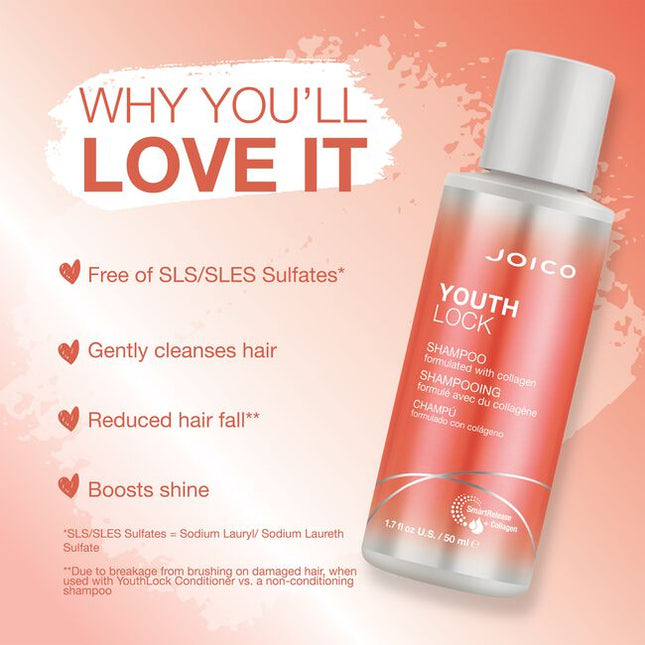 Infusing ageless body, shine, manageability, and bounce, YouthLock Shampoo revitalizes hair with the power of collagen and Buriti fruit oil – a nourishing, one-two punch that recaptures the joi-ful feel and look of lush, lively, timeless hair. Gentle enough to use daily, this sulfate-free cleanser purifies hair of dirt and grime, while delivering reduced hair fall and big-time shine for the ages.