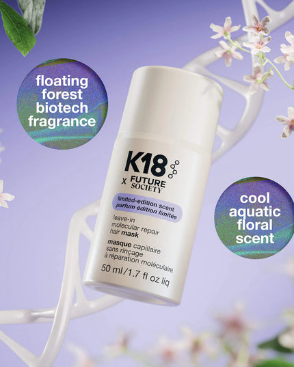 A limited-edition K18 x Future Society collab. Biology-first molecular hair repair mask scented with fragrance inspired by extinct flower DNA.