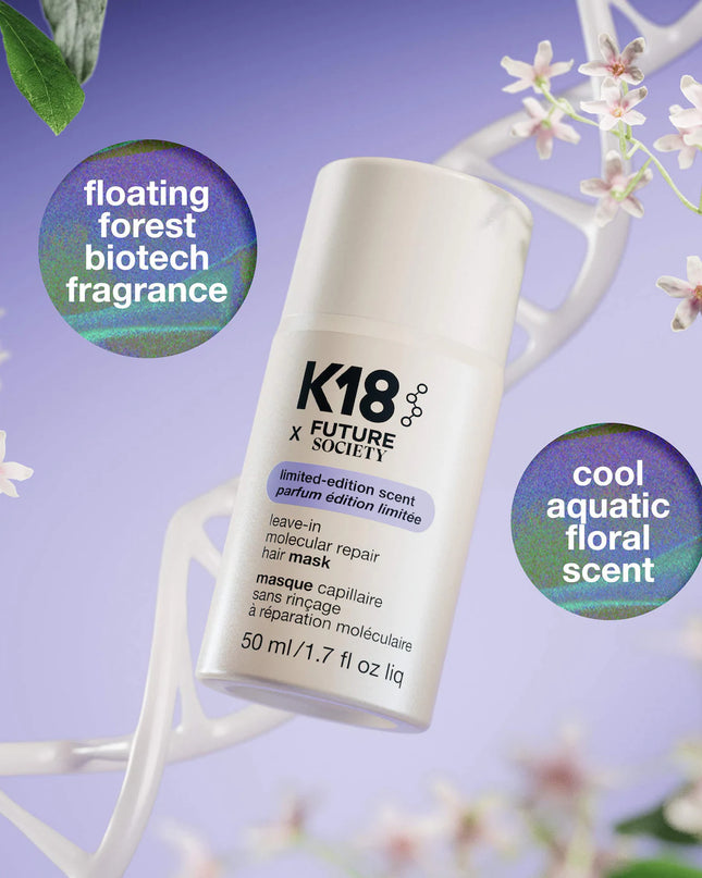A limited-edition K18 x Future Society collab. Biology-first molecular hair repair mask scented with fragrance inspired by extinct flower DNA.