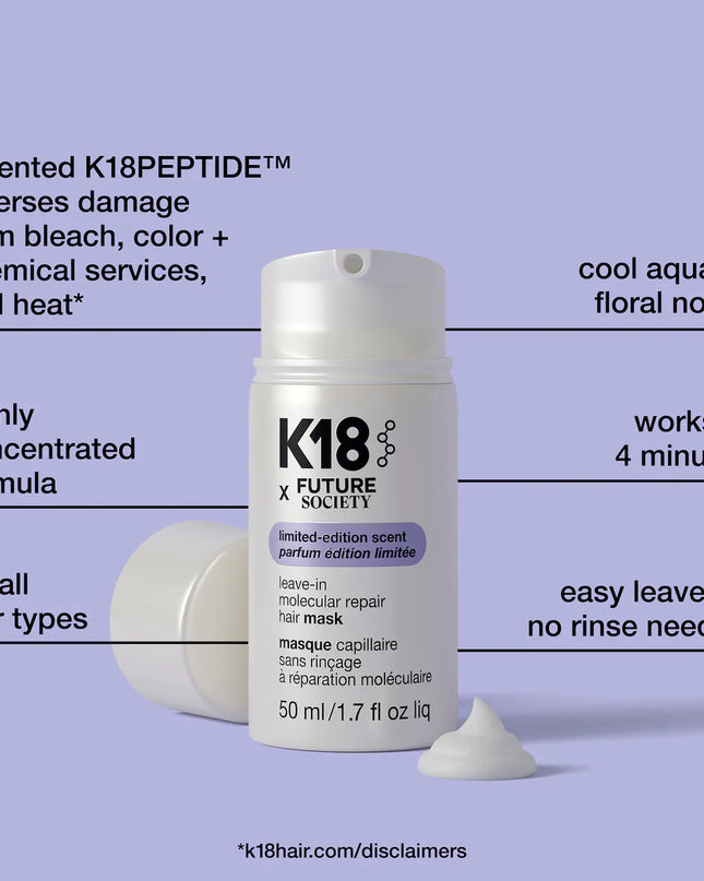A limited-edition K18 x Future Society collab. Biology-first molecular hair repair mask scented with fragrance inspired by extinct flower DNA.