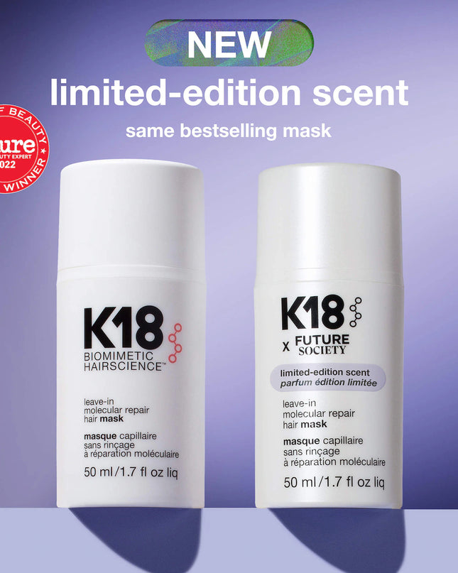 A limited-edition K18 x Future Society collab. Biology-first molecular hair repair mask scented with fragrance inspired by extinct flower DNA.
