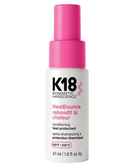 K18 HeatBounce is a salon-essential heat protectant that goes beyond surface-level defense. Powered by Resilicore™ Heat-Shielding Technology, this weightless conditioning heat protectant formula defends hair from heat up to 450°F (232°C) degrees from the inside out, mechanical and UV environmental damage—while locking in moisture for smooth, healthy, vibrant results. Ideal for all hair types and essential for daily use behind the chair.