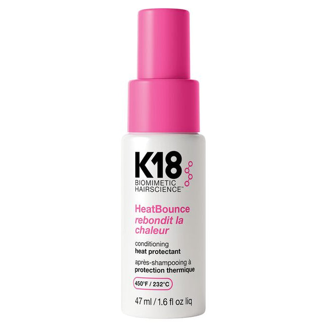 K18 HeatBounce is a salon-essential heat protectant that goes beyond surface-level defense. Powered by Resilicore™ Heat-Shielding Technology, this weightless conditioning heat protectant formula defends hair from heat up to 450°F (232°C) degrees from the inside out, mechanical and UV environmental damage—while locking in moisture for smooth, healthy, vibrant results. Ideal for all hair types and essential for daily use behind the chair.