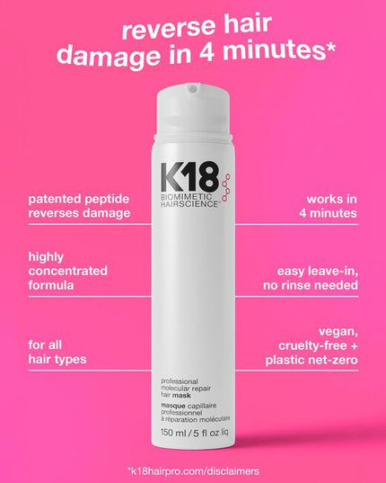 This leave-in treatment mask repairs hair damage and restores hair to a healthy state after salon services. Powered by the K18PEPTIDE™ to reconnect broken polypeptide chains and disulfide bonds to renew strength and elasticity in just 4 minutes. This mask is clinically proven to repair damage from bleach* + color*, chemical services*, and heat* for immediate + lasting results. Cream-based format helps soften, smooth, and condition hair.