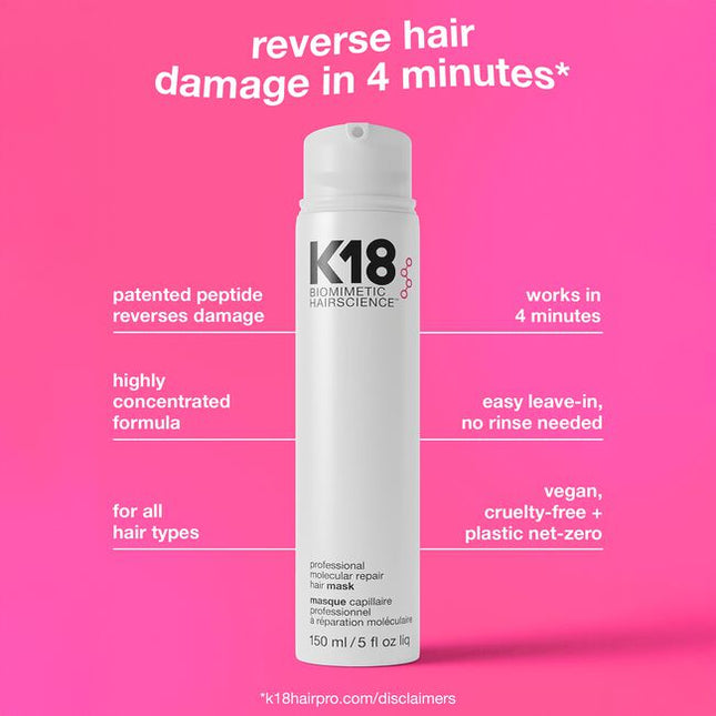 This leave-in treatment mask repairs hair damage and restores hair to a healthy state after salon services. Powered by the K18PEPTIDE™ to reconnect broken polypeptide chains and disulfide bonds to renew strength and elasticity in just 4 minutes. This mask is clinically proven to repair damage from bleach* + color*, chemical services*, and heat* for immediate + lasting results. Cream-based format helps soften, smooth, and condition hair.