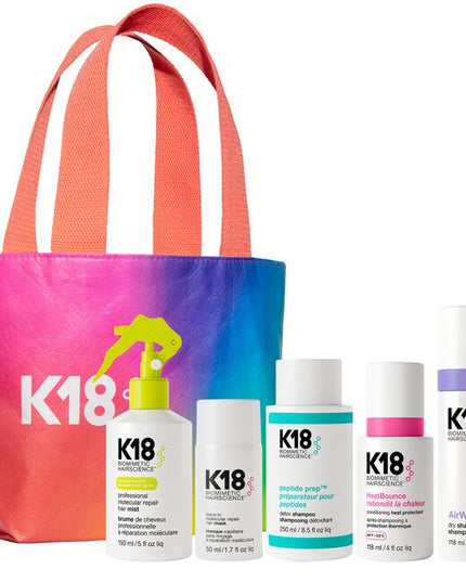 Stylist Intro Bag Kit Includes:

(1) - Pro Molecular Hair Mist, 5 fl. oz.
(1) - Detox Shampoo, 8 fl. oz.
(1) - Molecular Hair Mask, 1.7 fl. oz.
(1) - Airwash Dry Shampoo, 4 fl. oz.
(1) - Heat Bounce Protectant, 4 fl. oz.
(1) - K18 Bag
(1) - Mirror Cling, 4x4