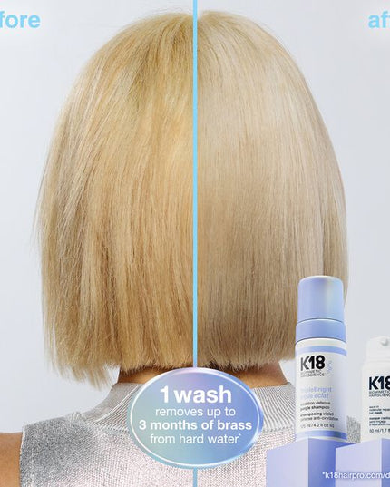 The first triple-action purple shampoo to remove metals + minerals, neutralize existing brass, and defend against future brassiness for blonde like new, hair like new.
