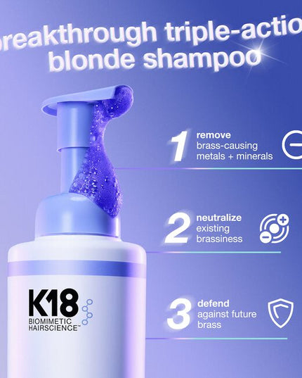 The first triple-action purple shampoo to remove metals + minerals, neutralize existing brass, and defend against future brassiness for blonde like new, hair like new.