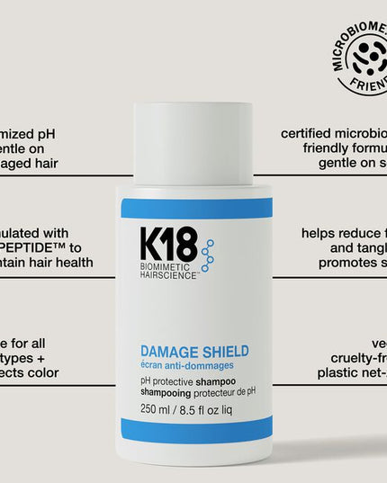 A color-safe, pH-optimized shampoo with the patented K18PEPTIDE™ to effectively cleanse while maintaining hair health and protecting hair from damage. pH-optimized formula helps reduce excess swelling of the hair cuticle during washing to help prevent frizz, preserve color, and enhance shine. Scalp microbiome-friendly and gentle enough to use every time you cleanse.