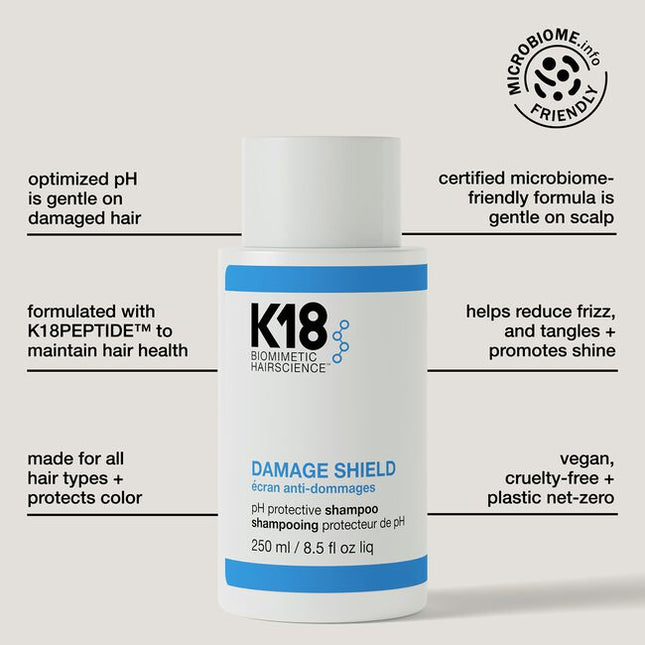 A color-safe, pH-optimized shampoo with the patented K18PEPTIDE™ to effectively cleanse while maintaining hair health and protecting hair from damage. pH-optimized formula helps reduce excess swelling of the hair cuticle during washing to help prevent frizz, preserve color, and enhance shine. Scalp microbiome-friendly and gentle enough to use every time you cleanse.