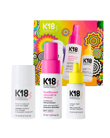 The Repair, Protect + Smooth Kit Includes:
(1) - Leave-In Molecular Repair Hair Mask, 1.7 fl. oz.
(1) - HeatBounce Conditioning Heat Protectant, 1.6 fl. oz.
(1) - Molecular Repair Hair Oil, 0.34 fl. oz.