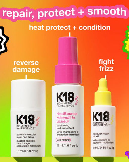 The Repair, Protect + Smooth Kit Includes:
(1) - Leave-In Molecular Repair Hair Mask, 1.7 fl. oz.
(1) - HeatBounce Conditioning Heat Protectant, 1.6 fl. oz.
(1) - Molecular Repair Hair Oil, 0.34 fl. oz.