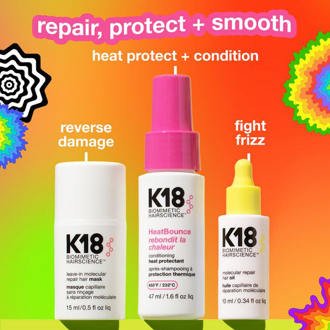 The Repair, Protect + Smooth Kit Includes:
(1) - Leave-In Molecular Repair Hair Mask, 1.7 fl. oz.
(1) - HeatBounce Conditioning Heat Protectant, 1.6 fl. oz.
(1) - Molecular Repair Hair Oil, 0.34 fl. oz.