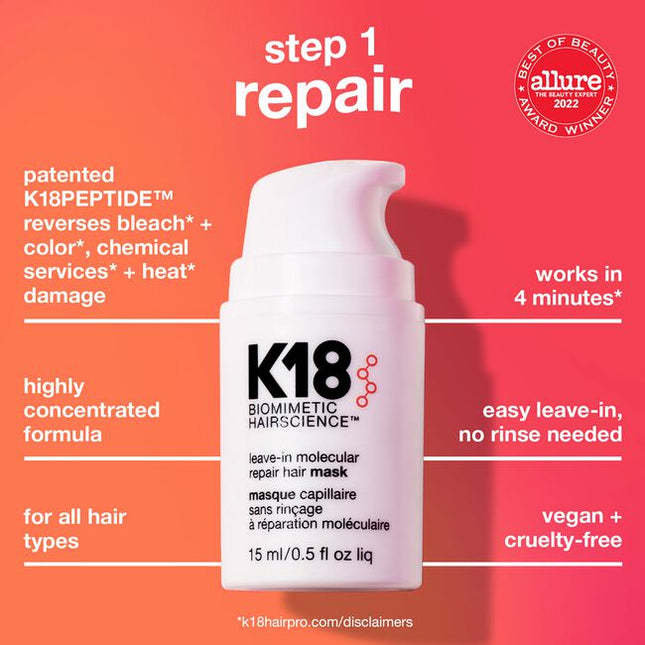 The Repair, Protect + Smooth Kit Includes:
(1) - Leave-In Molecular Repair Hair Mask, 1.7 fl. oz.
(1) - HeatBounce Conditioning Heat Protectant, 1.6 fl. oz.
(1) - Molecular Repair Hair Oil, 0.34 fl. oz.