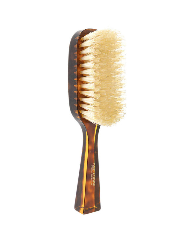 The Koh-I-Noor Wide Rectangular Hair Brush with Natural Bristles is a sophisticated grooming tool. Hand-crafted in Italy, it features firm natural bristles that will condition your hair and stimulate your scalp. It also makes for a terrific beard brush. Part of the Jaspè collection, its faux tortoise handle is designed for comfort. Hand-crafted with the finest materials in Italy.