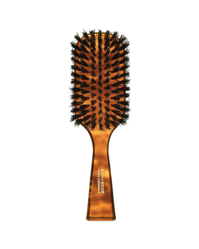 The Koh-I-Noor Wide Rectangular Hair Brush with Natural Bristles is a sophisticated grooming tool. Hand-crafted in Italy, it features firm natural bristles that will condition your hair and stimulate your scalp. It also makes for a terrific beard brush. Part of the Jaspè collection, its faux tortoise handle is designed for comfort. Hand-crafted with the finest materials in Italy.