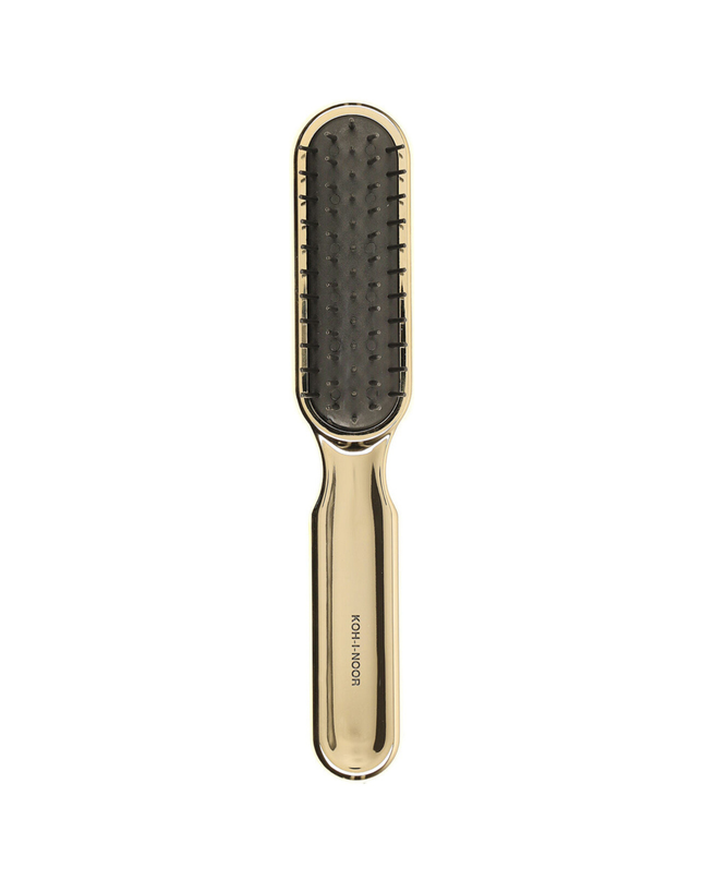 Artfully designed, our Metallic synthetic pin brushes are designed specifically for hair that’s harder to style. Increased control and manageability without damage, each is hand made with a cushioned, pneumatic rubber base. The pneumatic brush design includes cylindrical synthetic pins inserted in a unique rubber cushion pad, perfect for smoothing thick, coarse hair. Made of ABS and coated with either gold or chrome plating. Hand-crafted with the finest materials in Italy.