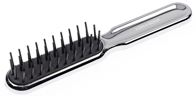 Artfully designed, our Metallic synthetic pin brushes are designed specifically for hair that’s harder to style. Increased control and manageability without damage, each is hand made with a cushioned, pneumatic rubber base. The pneumatic brush design includes cylindrical synthetic pins inserted in a unique rubber cushion pad, perfect for smoothing thick, coarse hair. Made of ABS and coated with either gold or chrome plating. Hand-crafted with the finest materials in Italy.